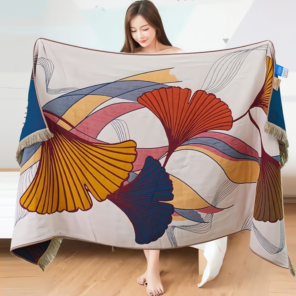 Cotton Gauze Towel with Elegant Leaf Design and Tassels
