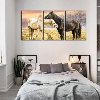 Set of 3 Canvas Wall Art Paintings – Black and White Horses