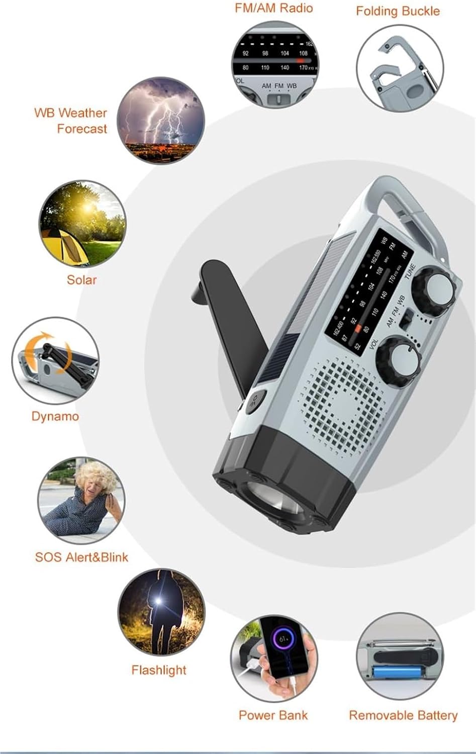 Emergency Radio with Hand Crank, LED Light & SOS Alert