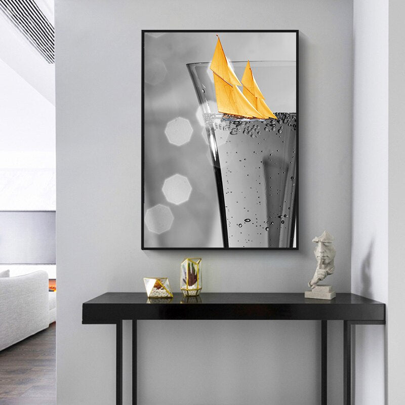 Boat Wall Art Canvas Painting with Black Wine Glass Design