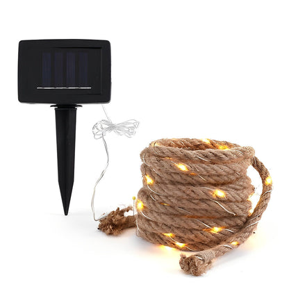 Battery-Powered Solar LED String Lights with Hemp Rope - 100/200 Bulbs