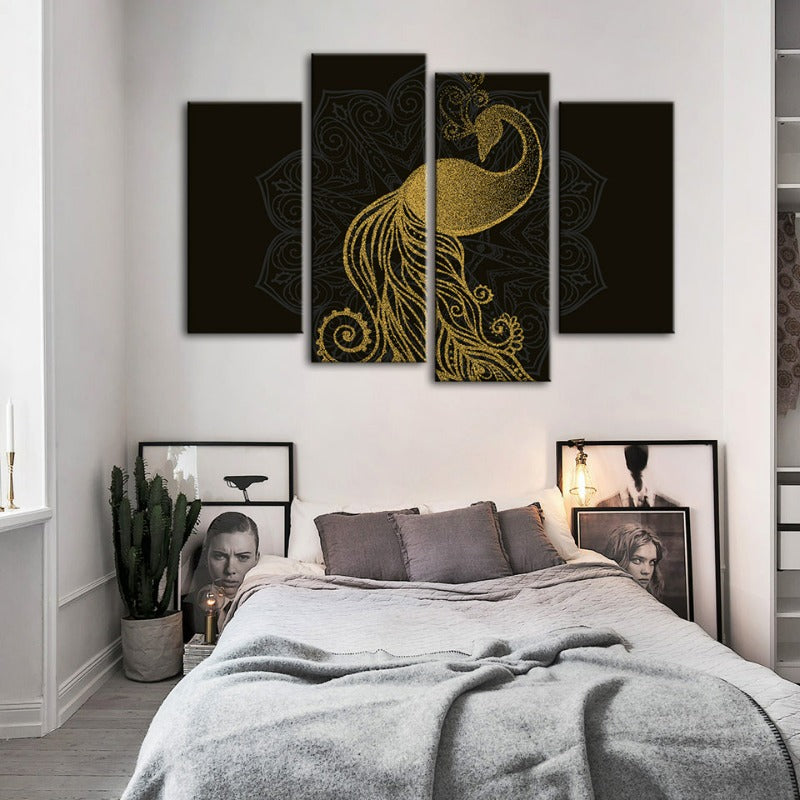 Elegant Golden Mandala Peacock Art Set - 4 Canvas Pieces