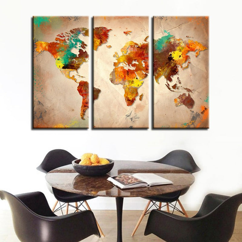 Set of 3 Canvas Wall Art - Colorful Abstract World Map