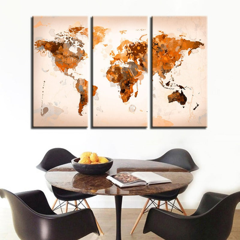 Set of 3 Abstract Canvas Wall Art - Brown World Map Design