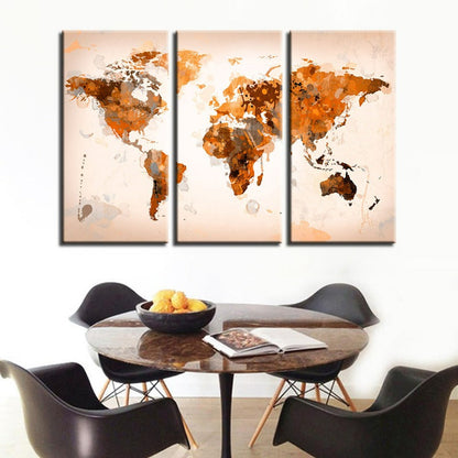 Set of 3 Abstract Canvas Wall Art - Brown World Map Design