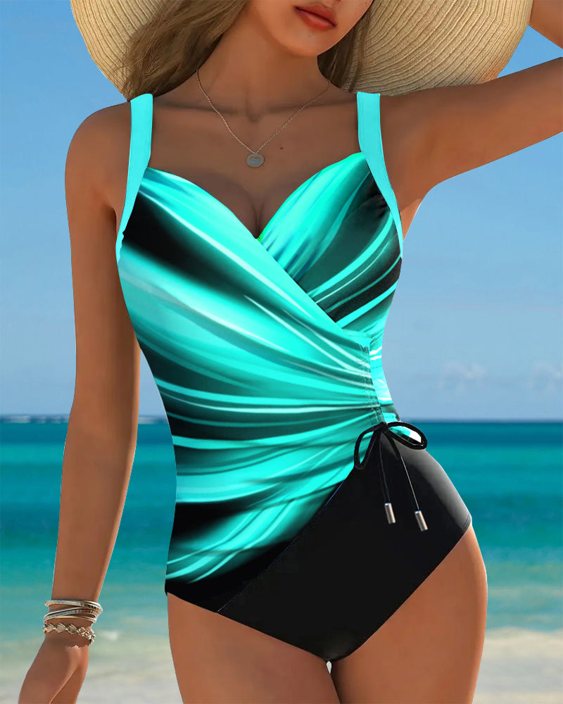 One-Piece Swimsuit with Lace-Up Details and Contrasting Color Accents