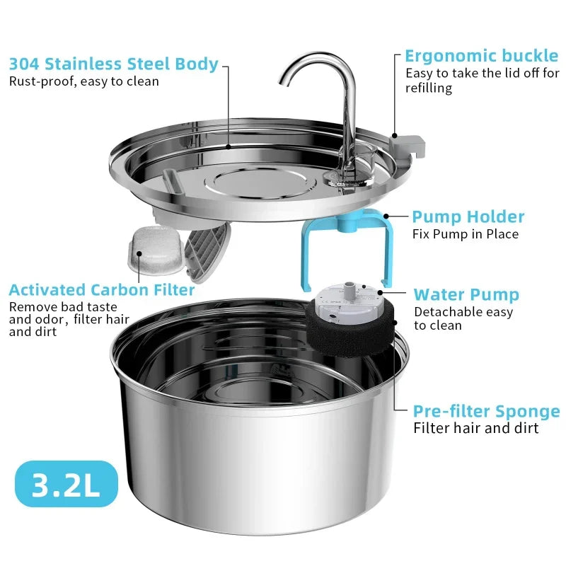 Stainless Steel Cat Water Fountain - 3L Capacity