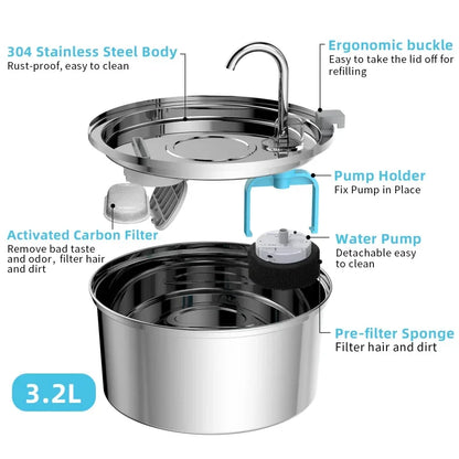 Stainless Steel Cat Water Fountain - 3L Capacity