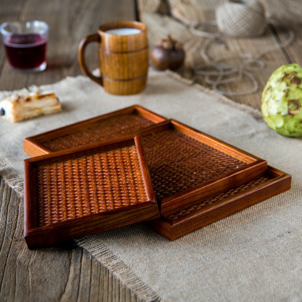 Sophisticated Rattan-Style Wooden Serving Tray