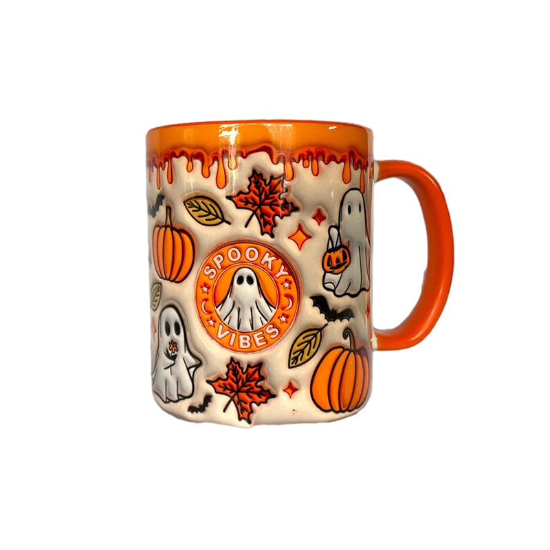 Coffee Mug Featuring Ghost Design and Pumpkin Motif