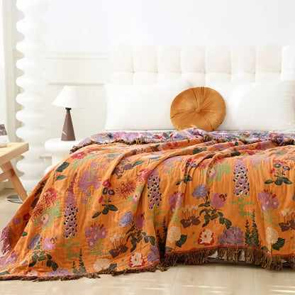 Elegant Floral Cotton Throw Blanket with Tassels