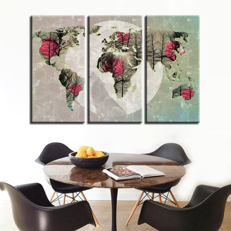 Abstract Pink Sun World Map Canvas Art Set - 3 Piece Wall Decor