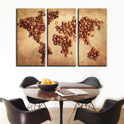 Set of 3 Canvas Art Pieces - Abstract World Map with Coffee Beans