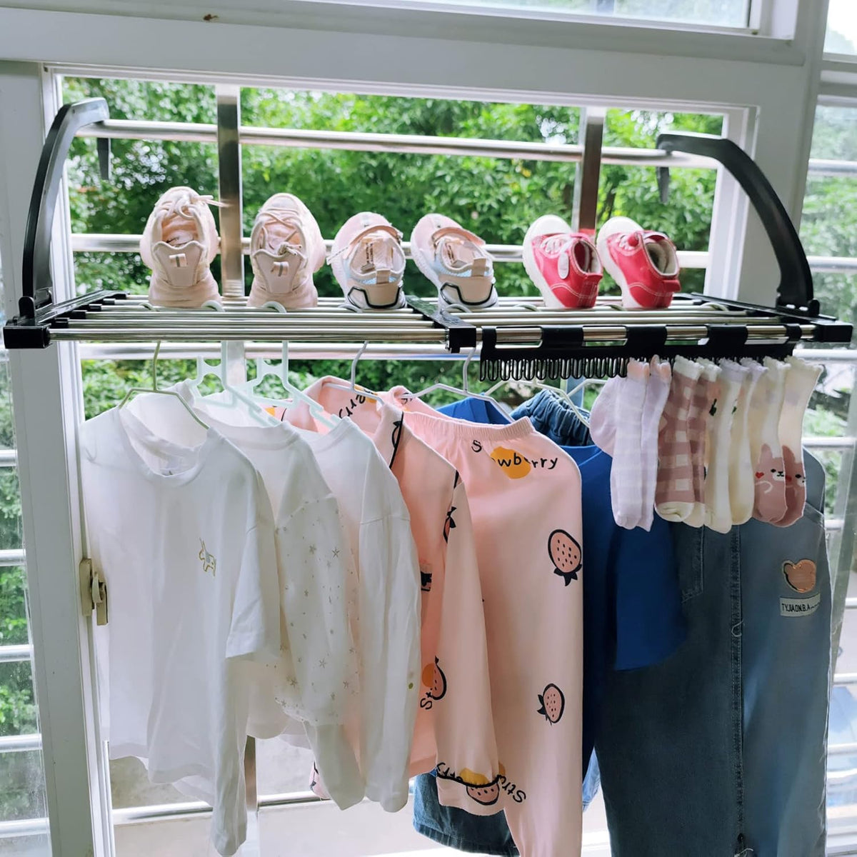 Retractable Drying Rack for Balcony - Portable with Sock Holders