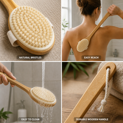 Premium Natural Bristle Bath Brush with Extended Handle