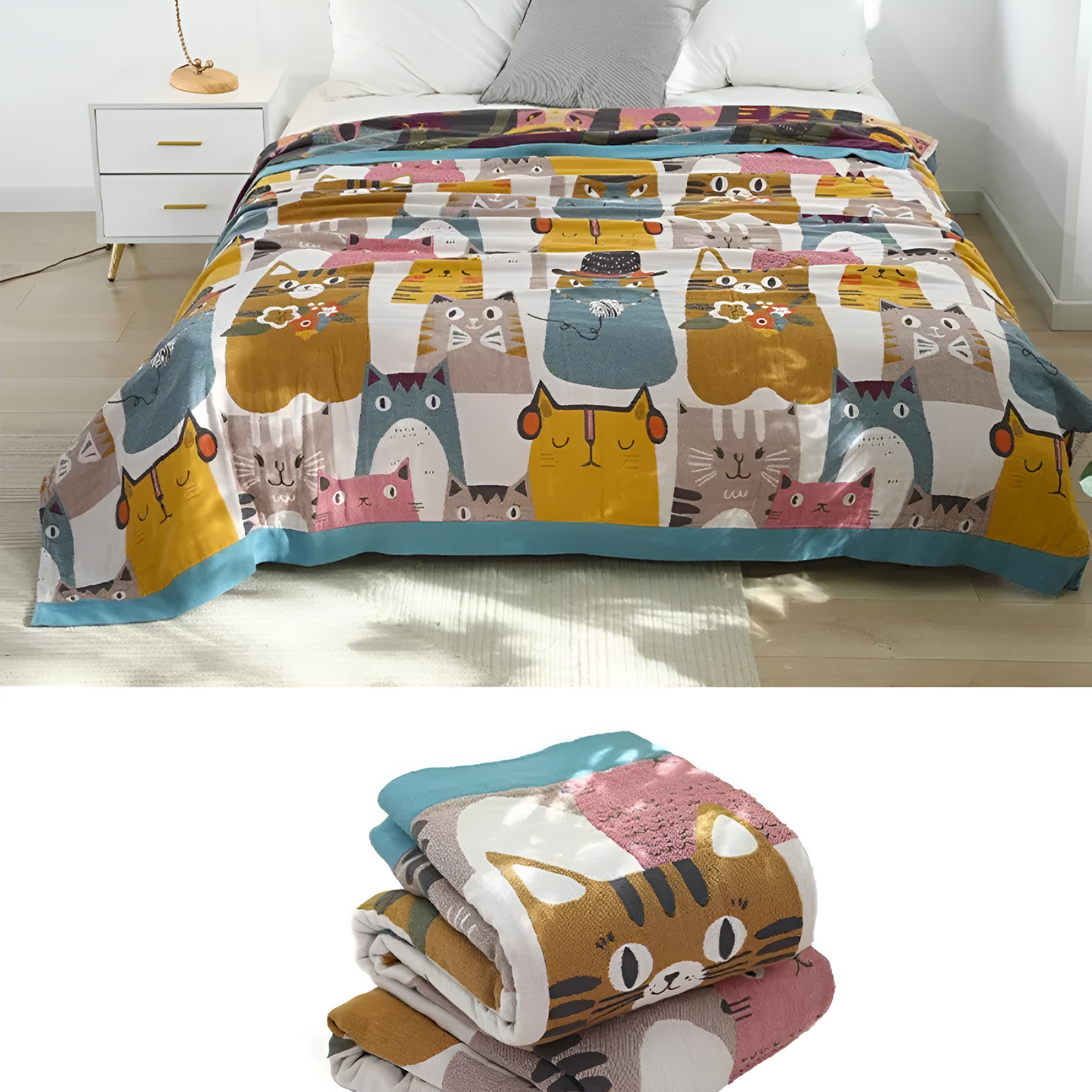 Cozy Cat-Inspired Reversible Cotton Blanket for Kids