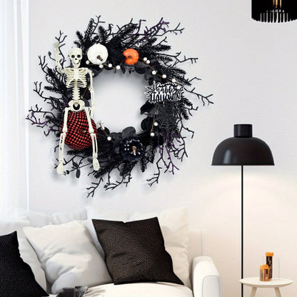 Halloween Wreath with Skeleton and Pumpkin – Festive Door Decor