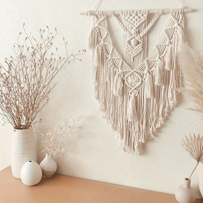 Handwoven Cotton Tapestry with Fringe – Bohemian Wall Decor for Bedroom