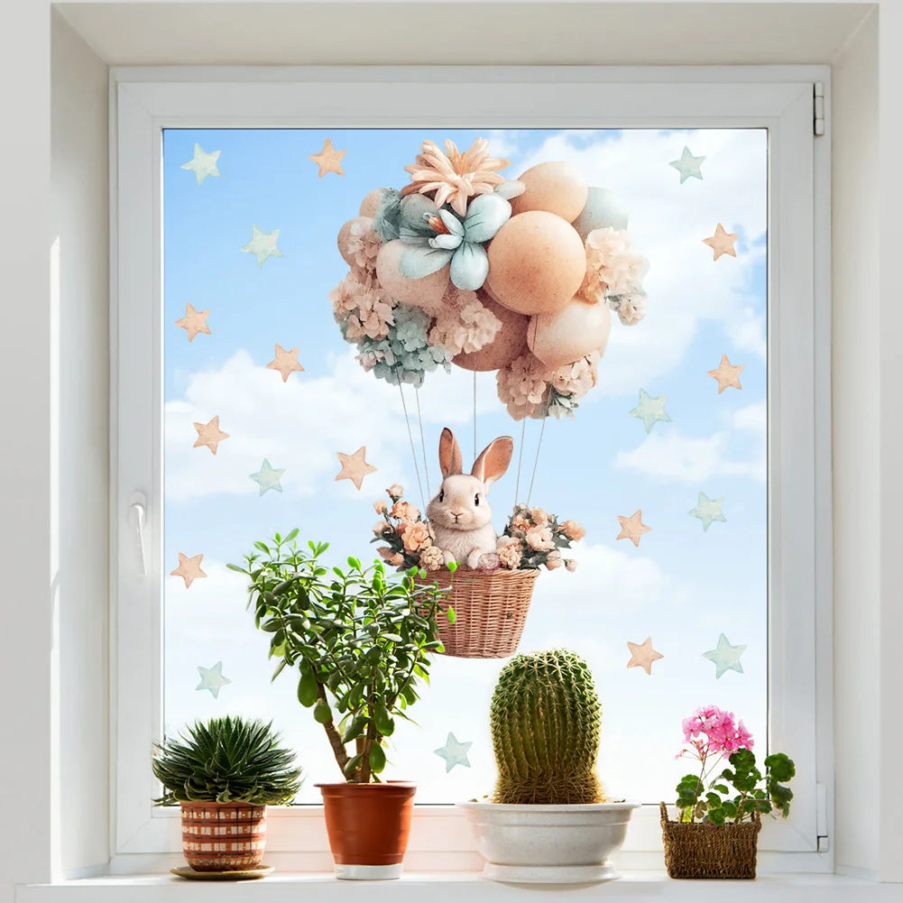 Hot Air Balloon Window Sticker | Cartoon Rabbit | Static Cling Glass & Door Decor