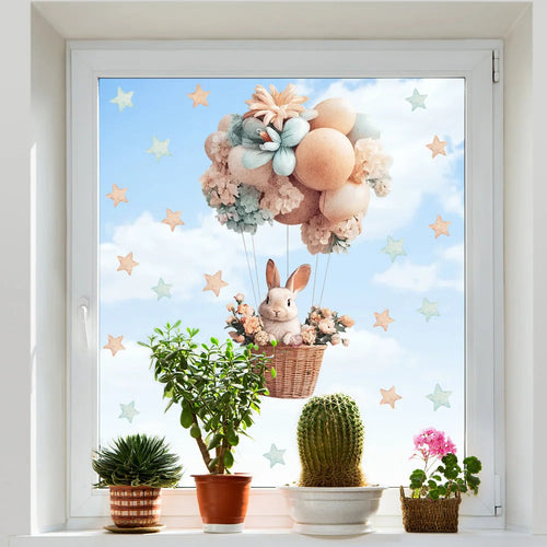 Hot Air Balloon Window Sticker | Cartoon Rabbit | Static Cling Glass & Door Decor