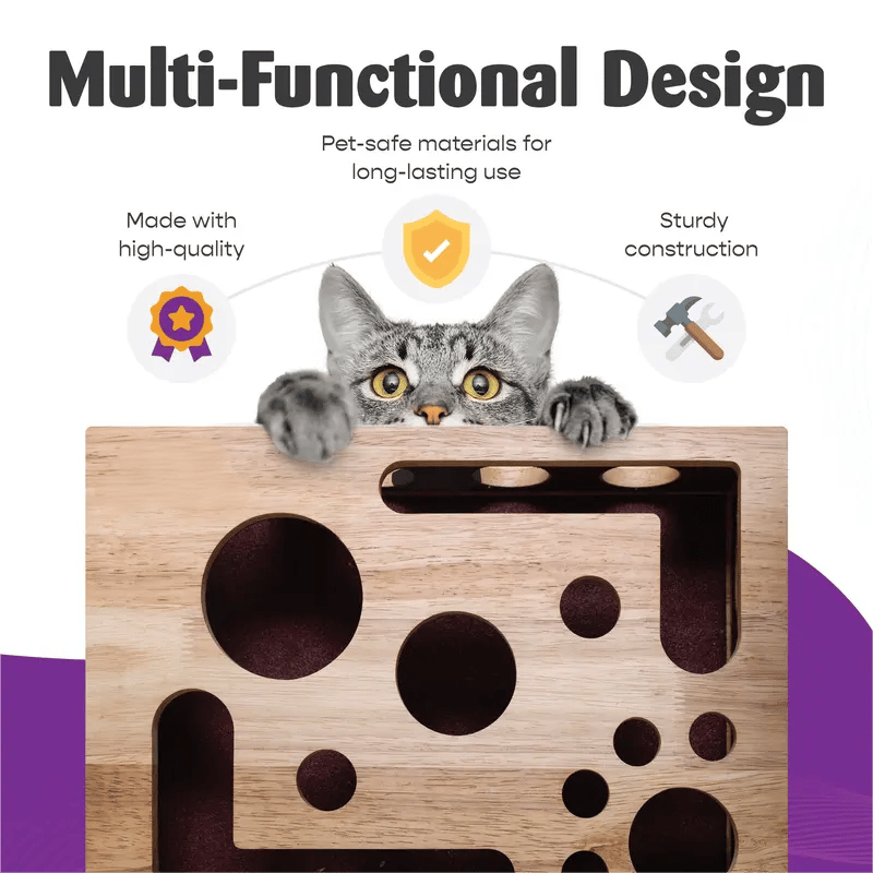 Interactive Wooden Cat Puzzle with Treat Compartments