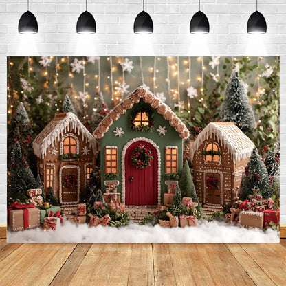 Christmas Photo Background - Snowy Landscape & Gingerbread House - Family & Kids Photo Shoot Decor - Polyester/Vinyl - 300×200 cm
