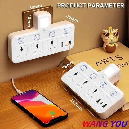 Multifunctional Power Strip with USB Fast Charging – Individually Switchable Outlets & Surge Protection – EU Plug