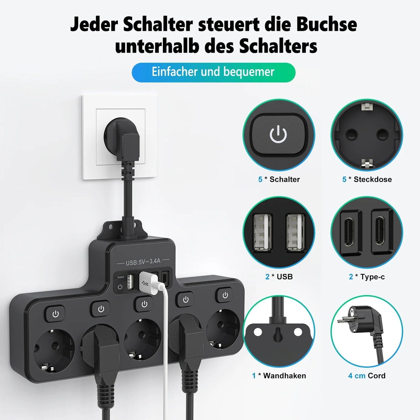 9-in-1 Power Strip with 5 AC Outlets and 4 USB Ports (2 Type-C) - 16A, 10 cm Short Cable, Individual Switch Control
