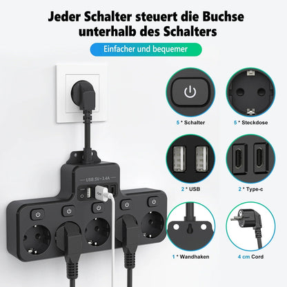 9-in-1 Power Strip with 5 AC Outlets and 4 USB Ports (2 Type-C) - 16A, 10 cm Short Cable, Individual Switch Control