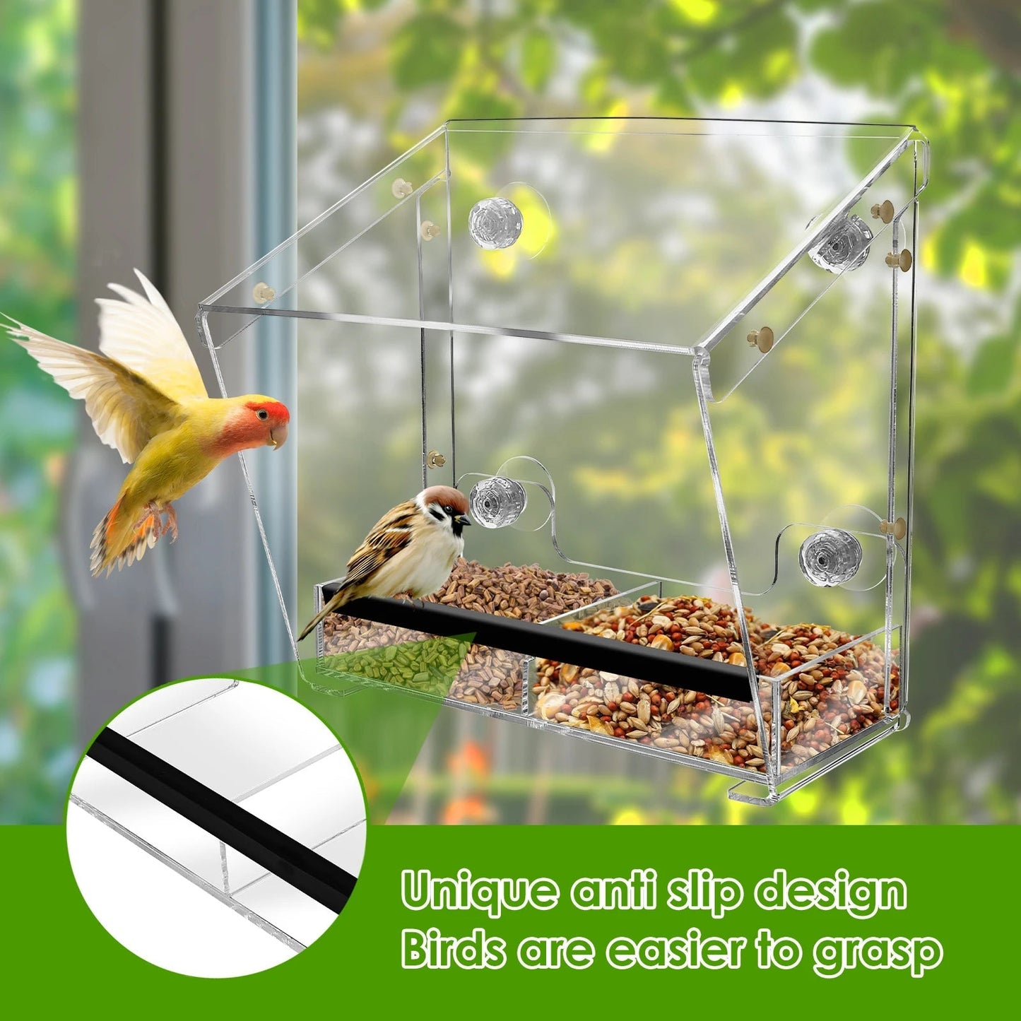 Acrylic Bird Feeder with Suction Cups for Window Mounting - Clear Design