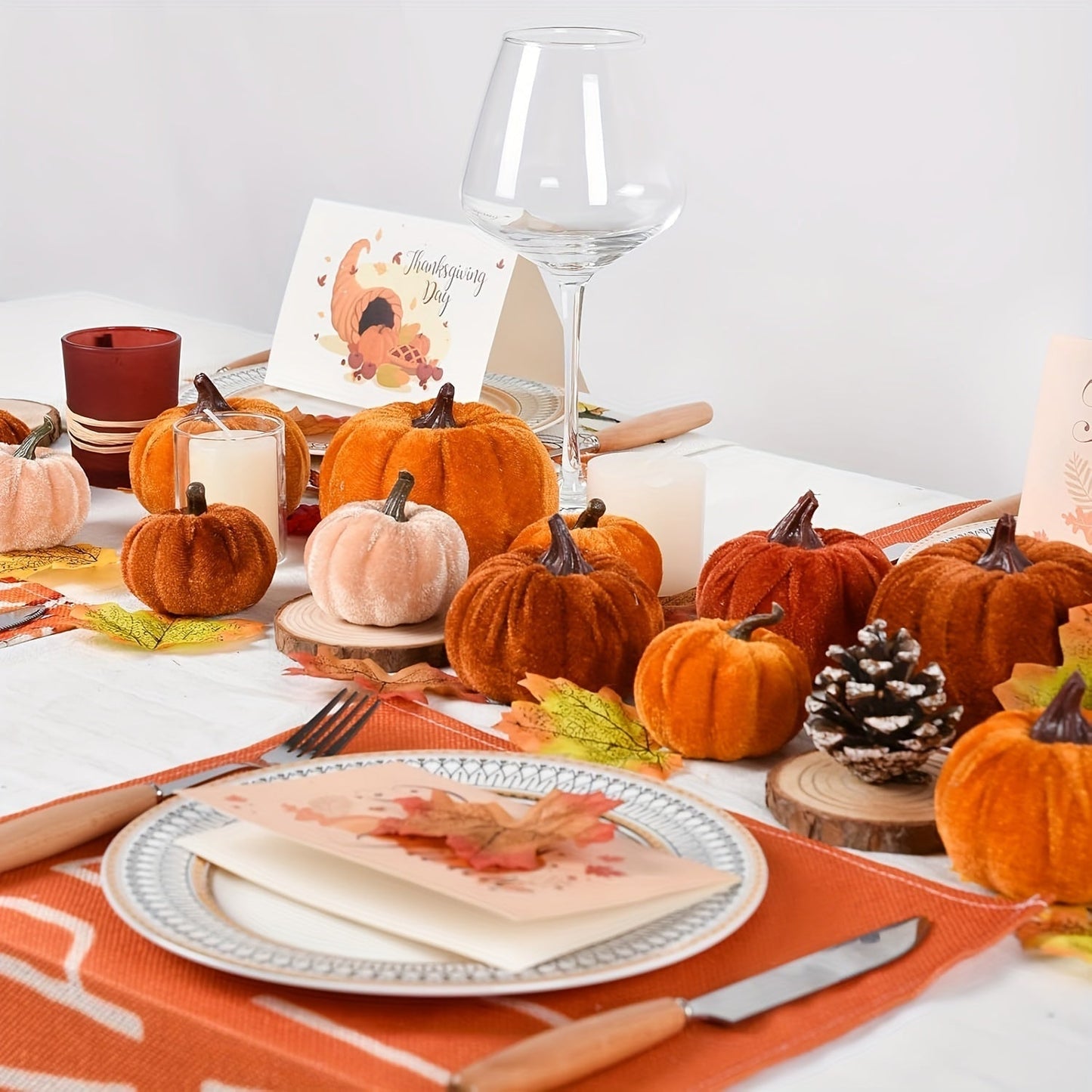 Autumn Pumpkin Decoration Set – 12 Velvet Finish Artificial Pumpkins