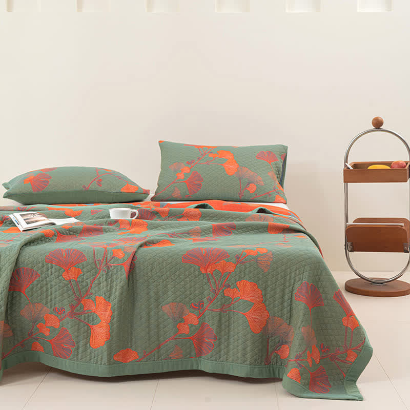 Reversible Cotton Blanket with Orange Ginkgo Leaf Design