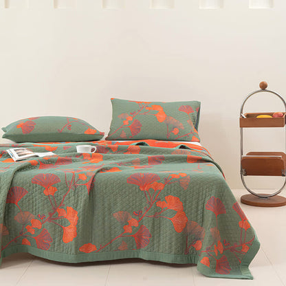 Reversible Cotton Blanket with Orange Ginkgo Leaf Design