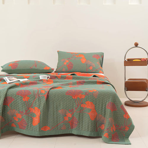 Reversible Cotton Blanket with Orange Ginkgo Leaf Design