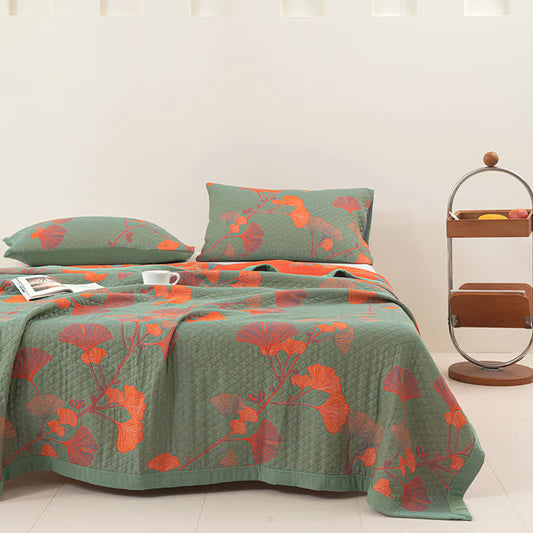 Reversible Cotton Blanket with Orange Ginkgo Leaf Design