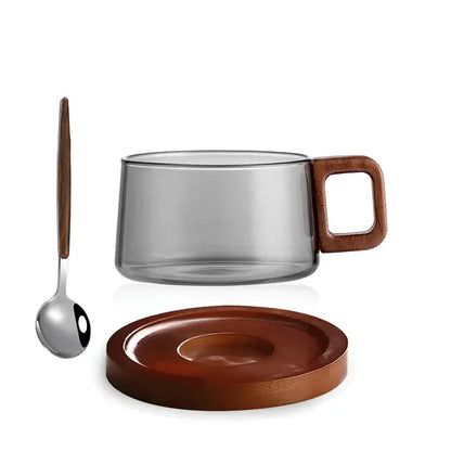 Handcrafted Glass Cup and Saucer Set - 3 Pieces with Walnut Design