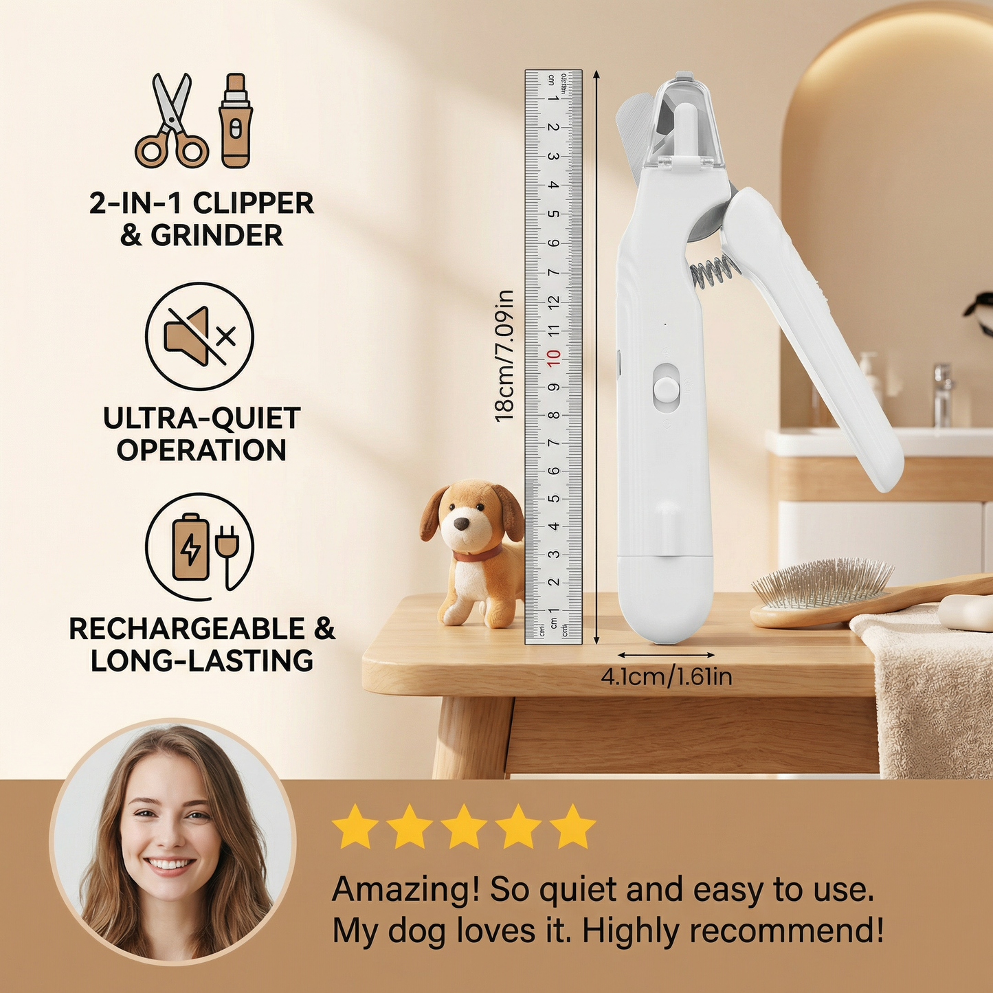 All-in-One Quiet Dog Nail Trimmer & Smoother – Rechargeable