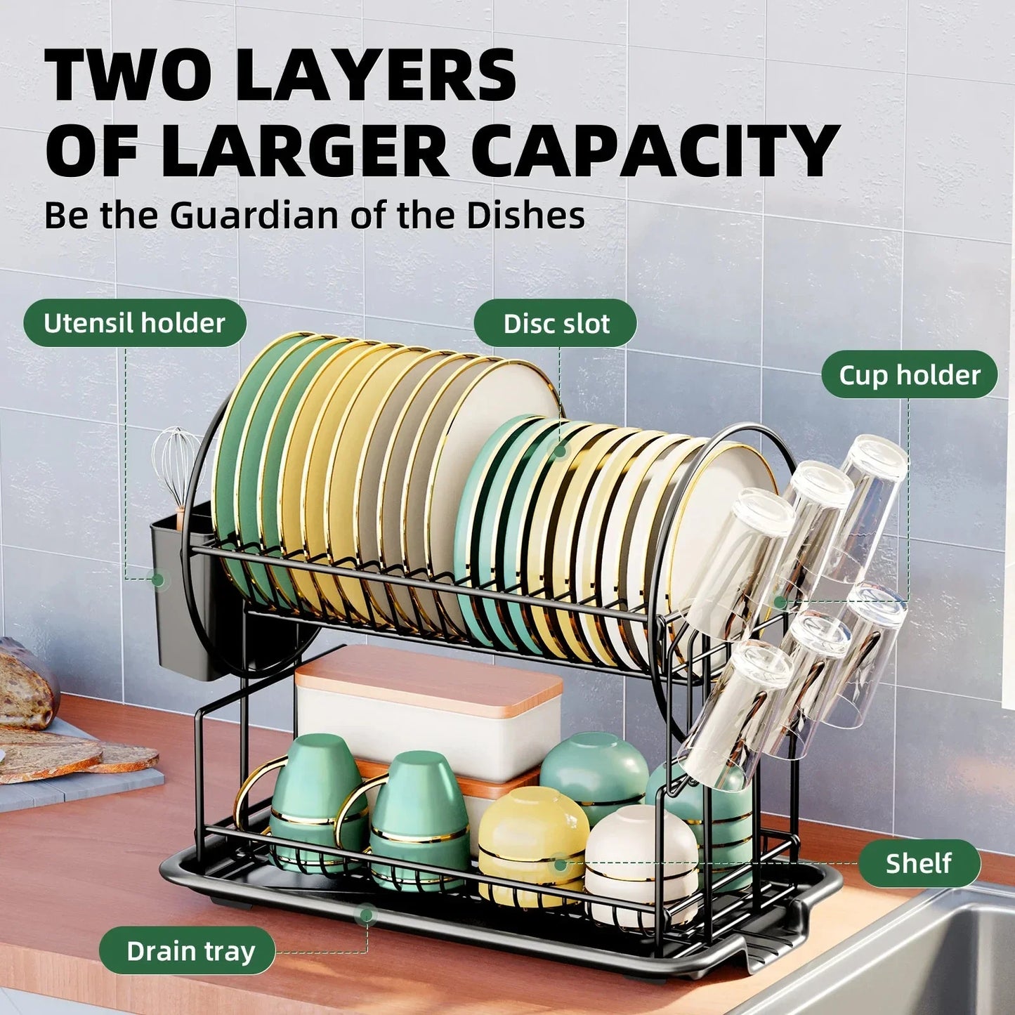 Efficient 2-Tier Dish Drying Rack with Drain Board Set