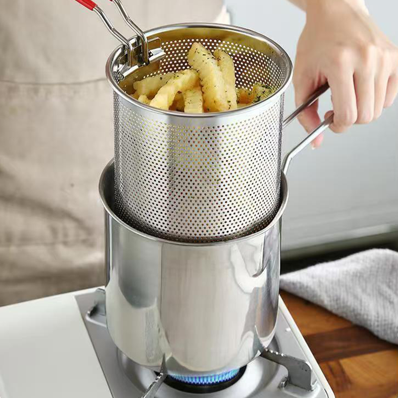 Stainless Steel Frying Pot with Strainer | Oil-Efficient Induction & Gas Cooking Pot | 13 cm