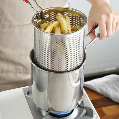 Stainless Steel Frying Pot with Strainer | Oil-Efficient Induction & Gas Cooking Pot | 13 cm