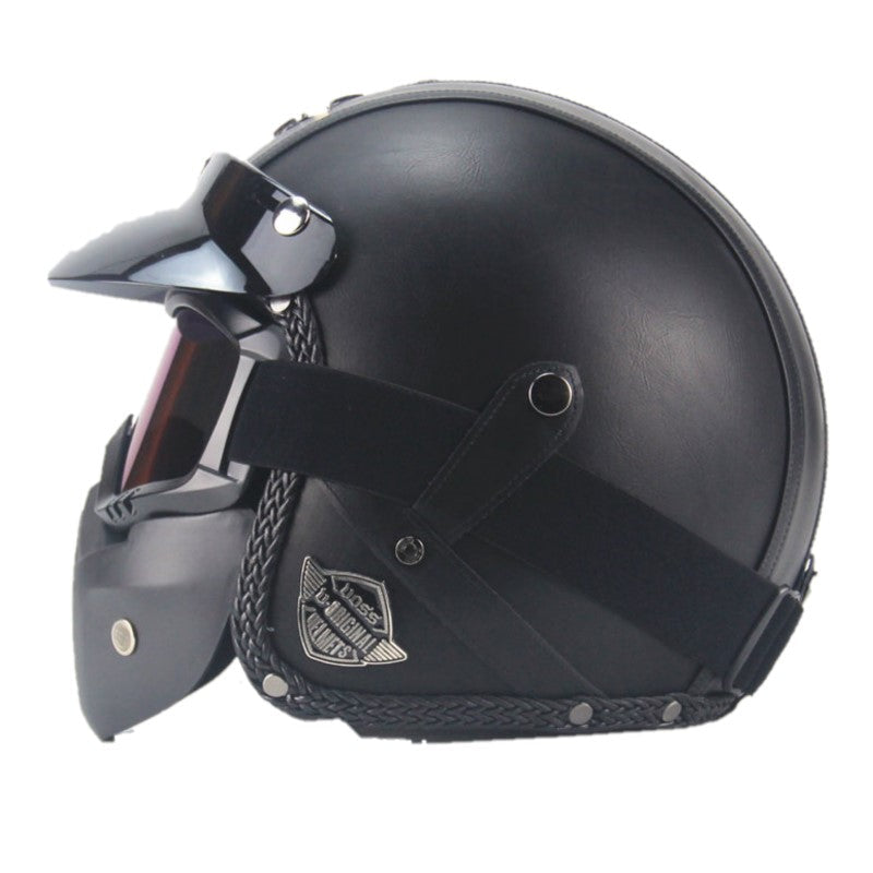 Retro Motorcycle Helmet in PU Leather with Visor and Goggles