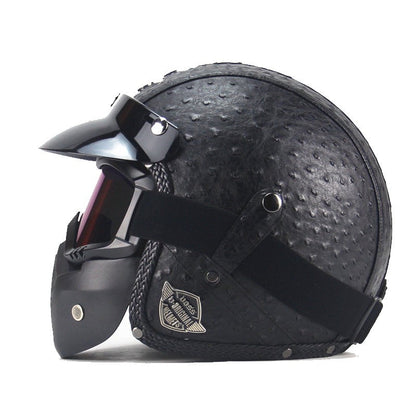 Retro Motorcycle Helmet in PU Leather with Visor and Goggles