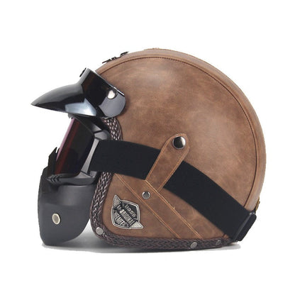 Retro Motorcycle Helmet in PU Leather with Visor and Goggles