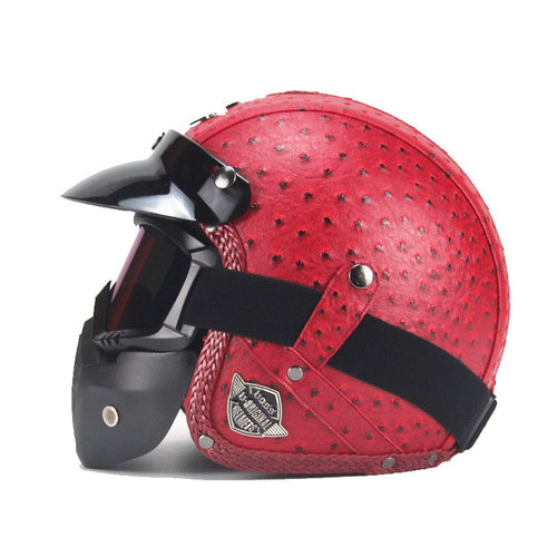 Retro Motorcycle Helmet in PU Leather with Visor and Goggles