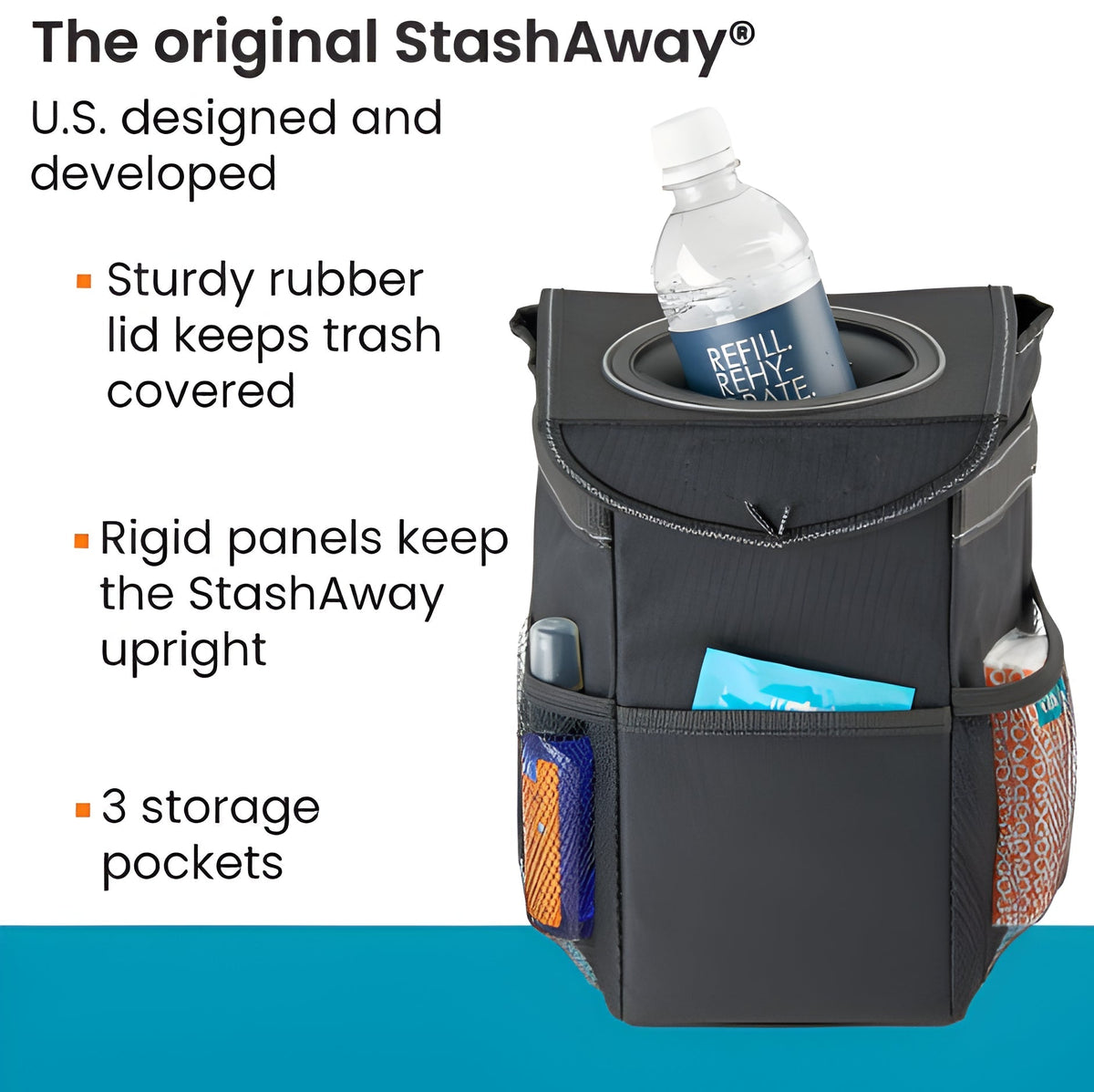 Space-Saving Vehicle Waste Bin with Secure Lid and Strap