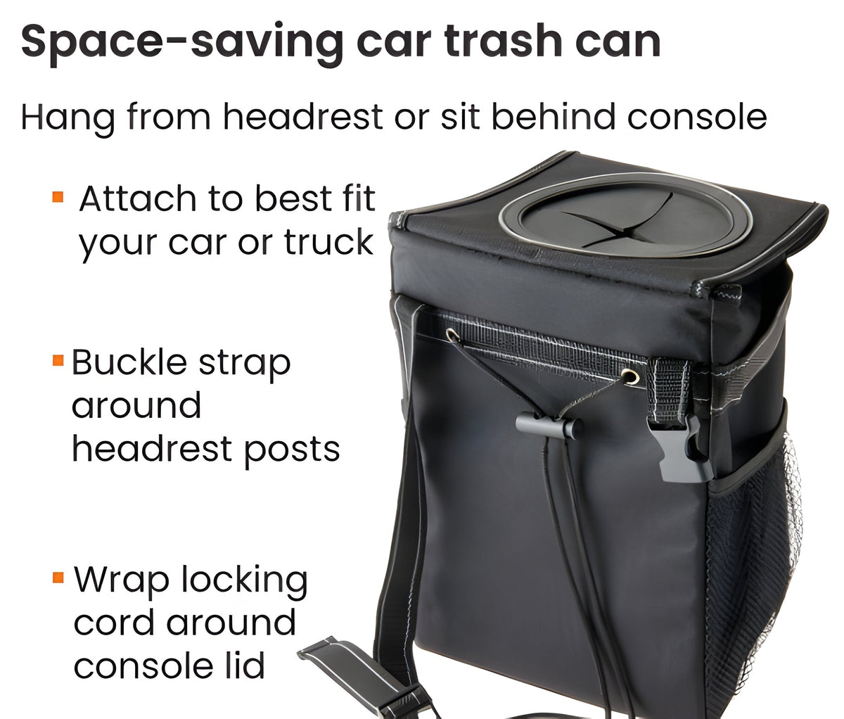 Space-Saving Vehicle Waste Bin with Secure Lid and Strap