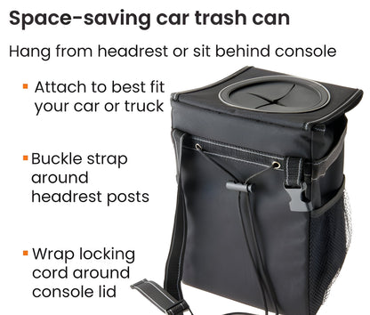 Space-Saving Vehicle Waste Bin with Secure Lid and Strap