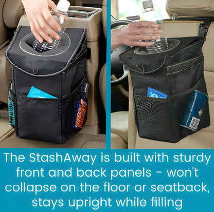 Space-Saving Vehicle Waste Bin with Secure Lid and Strap