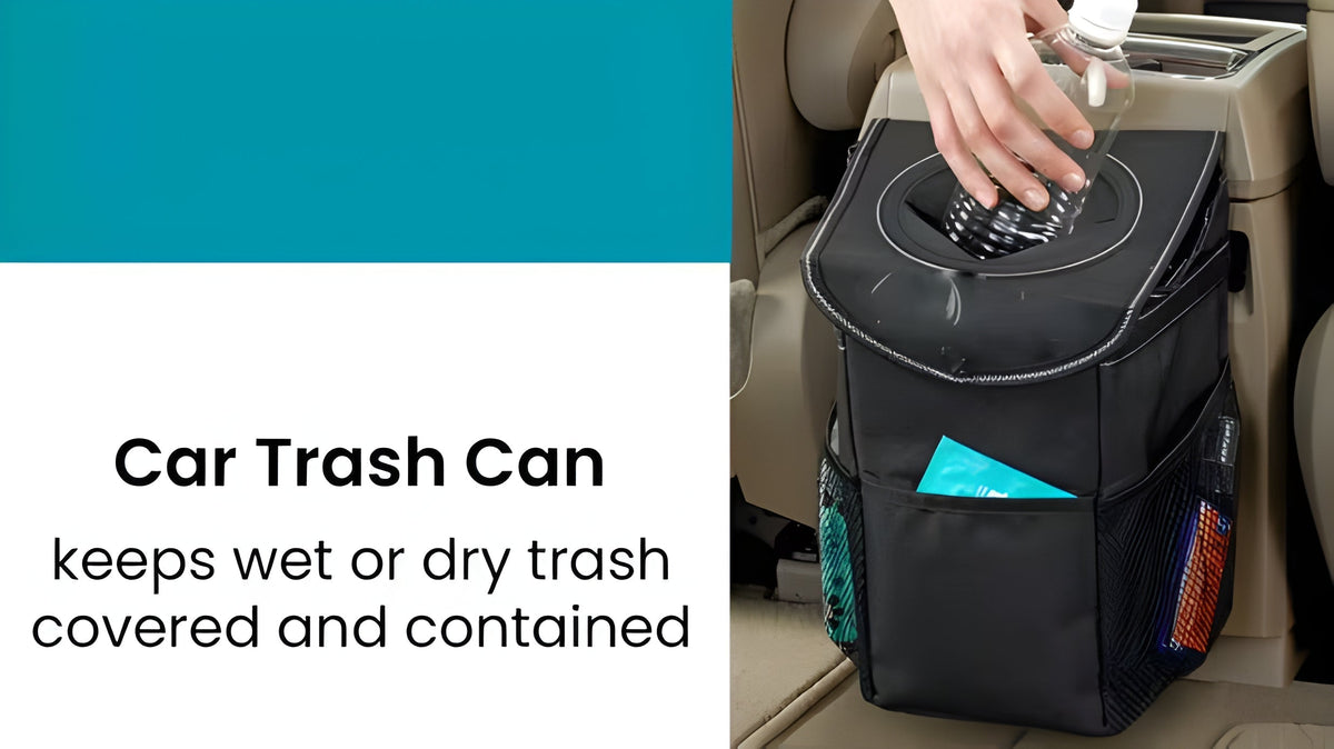 Space-Saving Vehicle Waste Bin with Secure Lid and Strap
