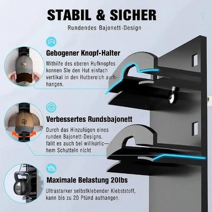 Stylish Cap Display Rack for Up to 10 Hats | No-Drill Adhesive Holder | Space-Saving Design | Sleek Black Finish